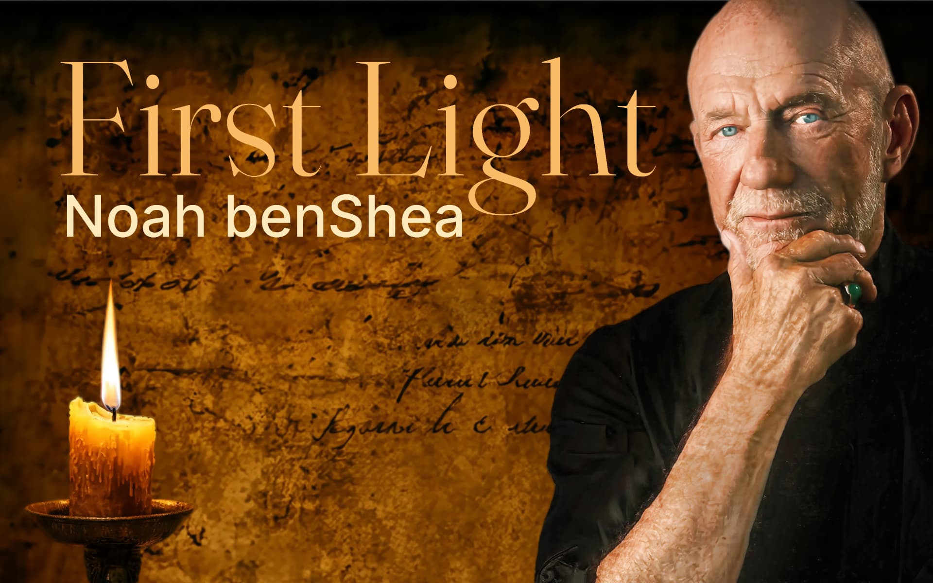 First Light with Noah benShea, a candle burning beside a page of handwriting
